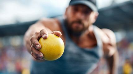 Photorealistic shot put, athlete spinning release, track field competition, explosive rotational strength, athletic power display, summer sport excellence, throwing technique momen