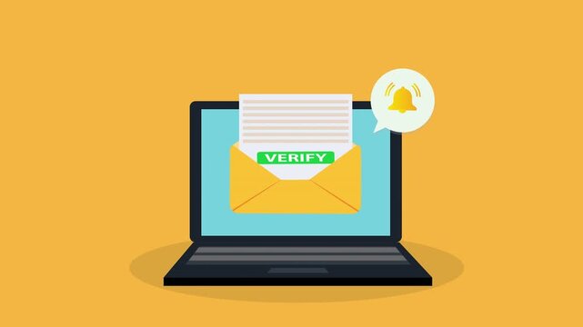 Laptop with a bell notification and verify mail. .Reminder on desktop. New message notification
