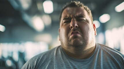 portrait of an unhappy, careless, unkempt, fat man in a gym against the background of gym equipment. an overweight person does not want to exercise. It's hard for a man to lose weight