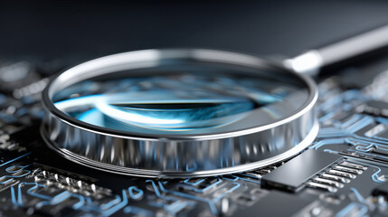 Digital glowing magnifier in technological circle, microcircuit lines surrounding, global search concept visualization, perspective view display, technological interface operation,