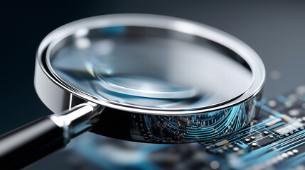 Digital glowing magnifier in technological circle, microcircuit lines surrounding, global search concept visualization, perspective view display, technological interface operation,