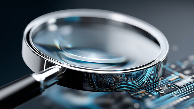 Digital glowing magnifier in technological circle, microcircuit lines surrounding, global search concept visualization, perspective view display, technological interface operation, - Powered by Adobe