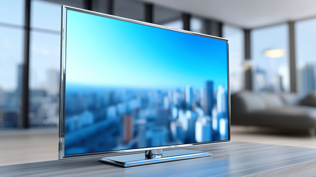 Realistic TV screen display, modern LED LCD panel, large computer monitor mockup, blank template visualization, plasma TV presentation, defocused transparent background, with copy