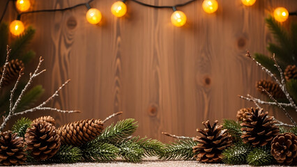 Cozy holiday background with warm glowing string lights, natural evergreen branches, and rustic pinecones arranged on a textured wooden surface, perfect for festive seasonal greetings