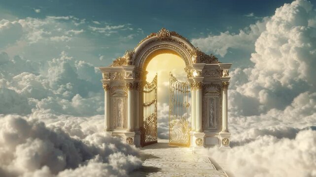 Majestic golden gate opening into a heavenly landscape of clouds under bright sky