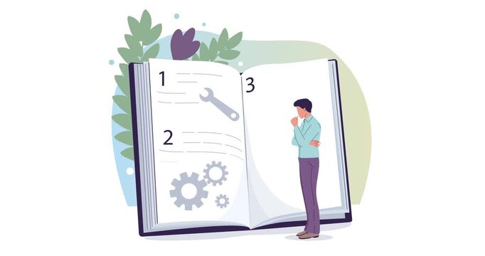 Manual and guide. Moving banner with pensive man standing next to large open book and reading step by step instructions. Information for users. Flat graphic animated cartoon