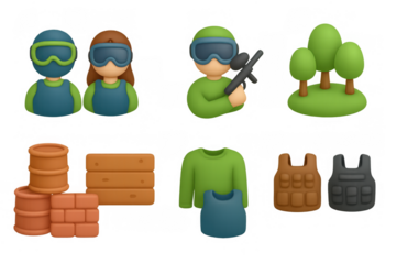 Cartoon paintball icons set featuring players equipment obstacles and forest elements
