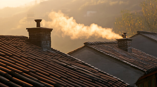 Golden hour bathes rooftops with warmth, chimneys release soft plumes. Serene scene, showcasing homes nestled together, capturing the essence of cozy living in nature.