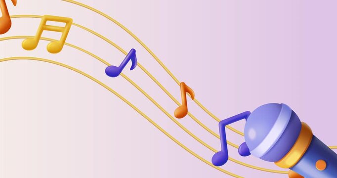 3D music banner. Moving background with microphone and musical notes or musical notation symbols floating up lines. Melody, song, and sound. Realistic graphic animated cartoon in plasticine style
