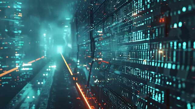Futuristic digital data center with glowing blue lights