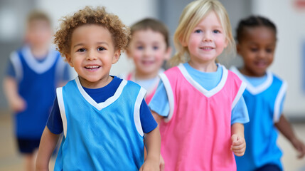 Young children sports, uniforms team colors, athletic play interaction, early skills development, physical coordination training, childhood sports introduction, social teamwork bui