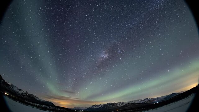 Cinematic crane video: vibrant aurora borealis dances across starlit Milky Way sky above snow-capped mountains, concept of profound serenity.
