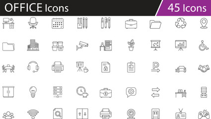 Office icons vector set, workplace symbols, business tools collection, corporate environment elements, technology and furniture, editable line style, isolated, clean design