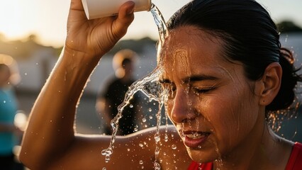 Runner Cooling Down with Refreshing Splash of Water After Intense Workout