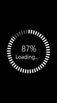 Black and white minimalist digital gauge loading screen vertical video. White circular progress animation abstract tech interface vertical video.