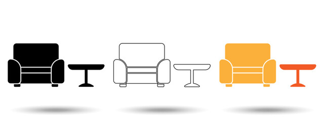 Armchair and table icon. Armchair and table icon on a white background, isolated. The icon has three uses in applications and websites. Vector illustration. Armchair and table icon white background.