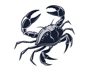 A striking, dark illustration of a crab with prominent claws and a segmented tail resembling a scorpion, set against a white background