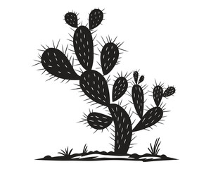 A stylized black silhouette of a prickly pear cactus with spiky pads and small green shoots. Isolated on a white background