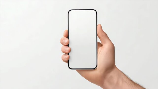 Male hand holding a modern smartphone with empty screen, realistic style, isolated on a plain white background, concept of mobile technology