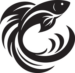 Black and white stylized betta fish swimming in a circle design