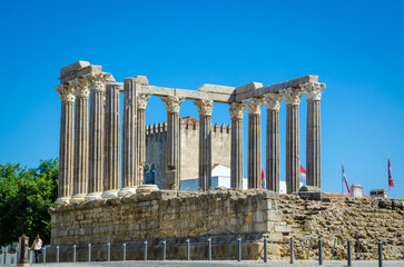 Beautiful Roman Temple of Evora in old town Evora, Portugal