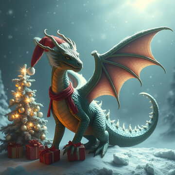Baby dragon wearing a Christmas cap