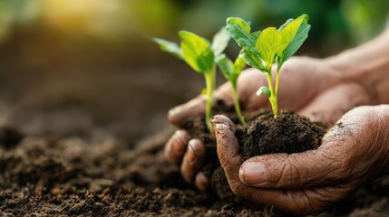 Nurturing Growth: A tender close-up showcases a pair of hands cradling delicate green sprouts within rich, dark soil, symbolizing care and the dawn of new life.