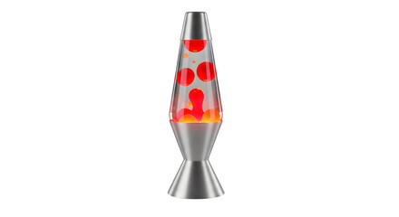 Classic lava lamp with red wax bubbles, illuminated and isolated on transparent background