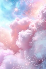 Soft clouds with hints of pink and blue fill the sky. Swirling sparkles add a magical touch. This scene creates a dreamlike atmosphere during a calm day