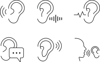 Hearing and Listening Icon set represents communication, sound awareness, modern minimal, design. This features an ear combined with sound waves, symbolizing hearing ability, active, and audio clarity
