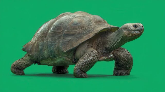 Giant tortoise walking on a green background in a studio setting
