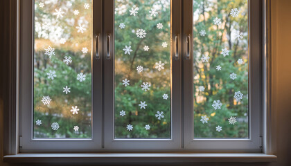 Fototapeta premium Bright window with white snowflake decals and a serene view of green trees