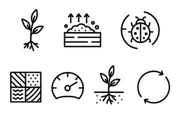 Sustainable Agroecosystem Icons. Sustainable Agroecosystem Set linear set: cover crop sprig, compost nutrient bar, pollinator pathway, integrated pest control symbol, diverse field