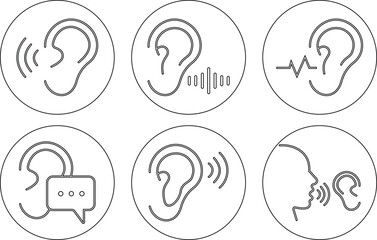Hearing and Listening Icon set represents communication, sound awareness, modern minimal, design. This features an ear combined with sound waves, symbolizing hearing ability, active, and audio clarity