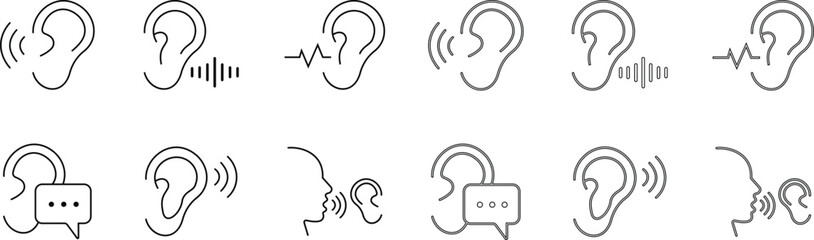 Hearing and Listening Icon set represents communication, sound awareness, modern minimal, design. This features an ear combined with sound waves, symbolizing hearing ability, active, and audio clarity