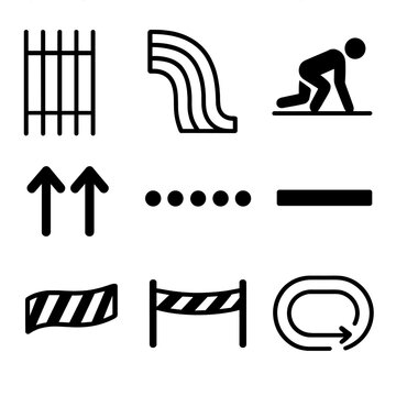Track Flow Design. Track & Field Pathways linear set: lane grid, chicane-style turn, starting stance zone, finish mark, pace arrows, rhythm markers, boundary tape, track flow line.