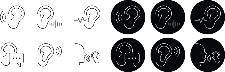 Hearing and Listening Icon set represents communication, sound awareness, modern minimal, design. This features an ear combined with sound waves, symbolizing hearing ability, active, and audio clarity