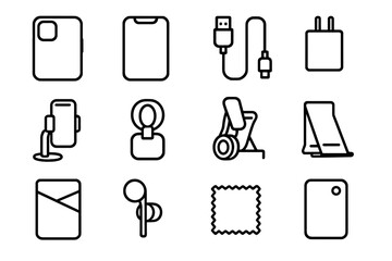 Handset Icon Set. Handset Accessories Set linear set: slim-fit case, anti-glare film, USB-C cable, quick-charge brick, dashboard phone mount, loop grip, lens attachment, travel