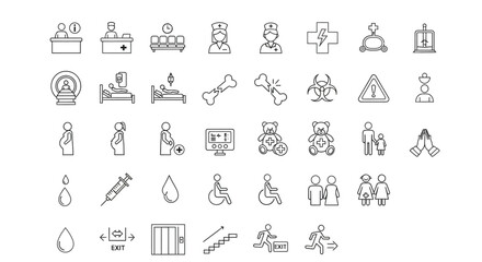 Obraz premium Collection of medical and healthcare icons isolated on set of linear vector elements for medicine and hospital design