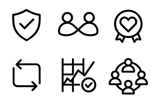 Social Trust Icons. Social Trust Development linear set: integrity symbol, connection thread, shared values badge, reciprocity arrow, dependable routine chart, community harmony