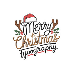 Merry Christmas Typography with Santa Hat, Antlers, and Holly Decoration