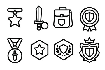 Hero Level Icons. Hero Growth Levels linear set: beginner charm, trainee item, journeyman kit, skilled badge, expert token, champion emblem, master sigil, epic crest.