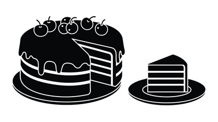 A black and white illustration of a layered cake with a slice removed