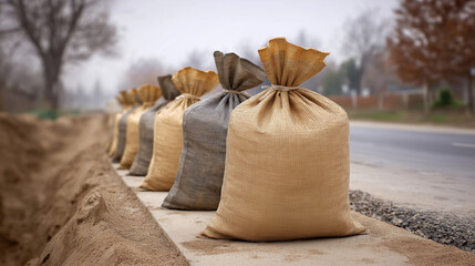 Sandbags lined up on sidewalk for flood control