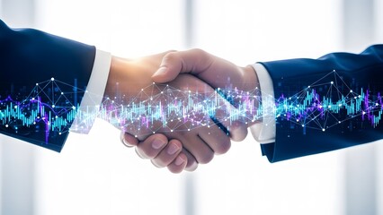 Digital handshake with glowing data stream symbolizing a successful agreement