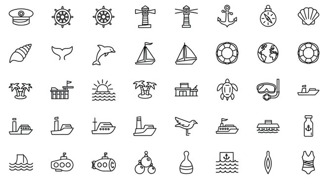 Collection of nautical icons isolated on set of marine and maritime symbols vector illustration of sea and ocean elements