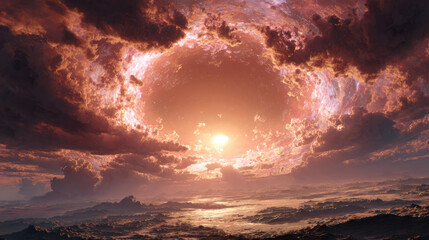 Cosmic sunburst opening above ocean shoreline