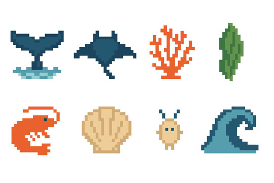 Marine Icons Collection. Marine Biodiversity Elements set of icons in flat pixel vector style: whale tail, manta glide, reef coral, algae sheet, shrimp silhouette, scallop shell,