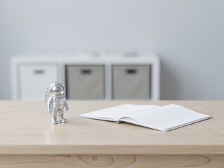 Empty children’s desk mockup in primary school boy bedroom, clean wooden table top with minimal decor, bright and playful Scandinavian kids room background, perfect for stationery and toy product plac