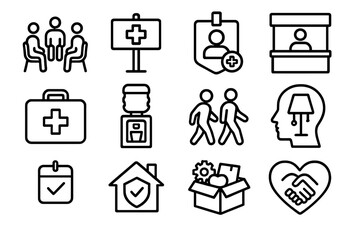 Community Wellness Icons. Community Wellness Support linear set: support group circle, local clinic sign, health volunteer badge, wellness booth, first-aid kit, hydration station,